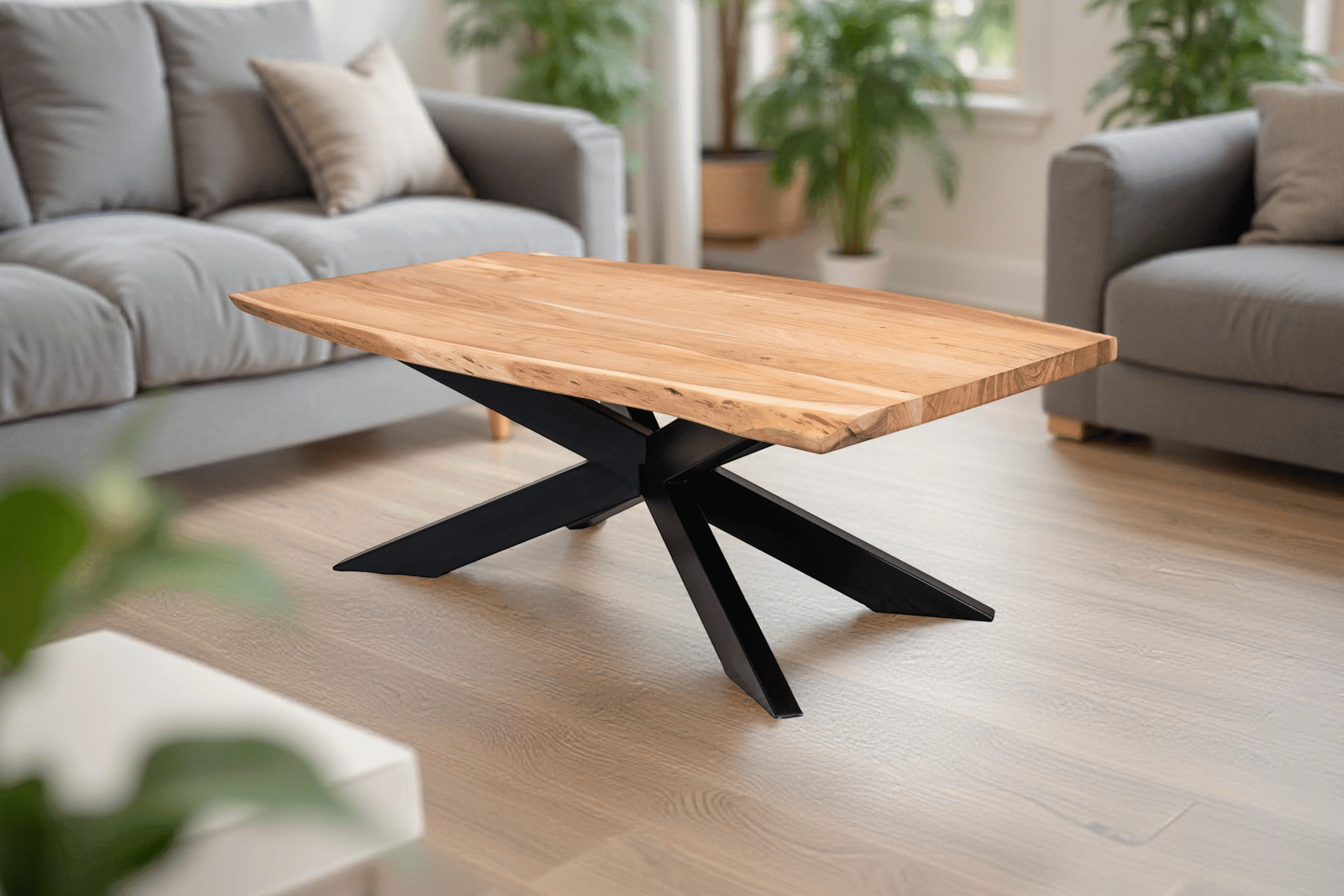 Table basse rectangulaire en acacia naturel clair à bords vifs 120x70 cm Table basse rectangulaire en acacia naturel clair à bords vifs 120x70 cm