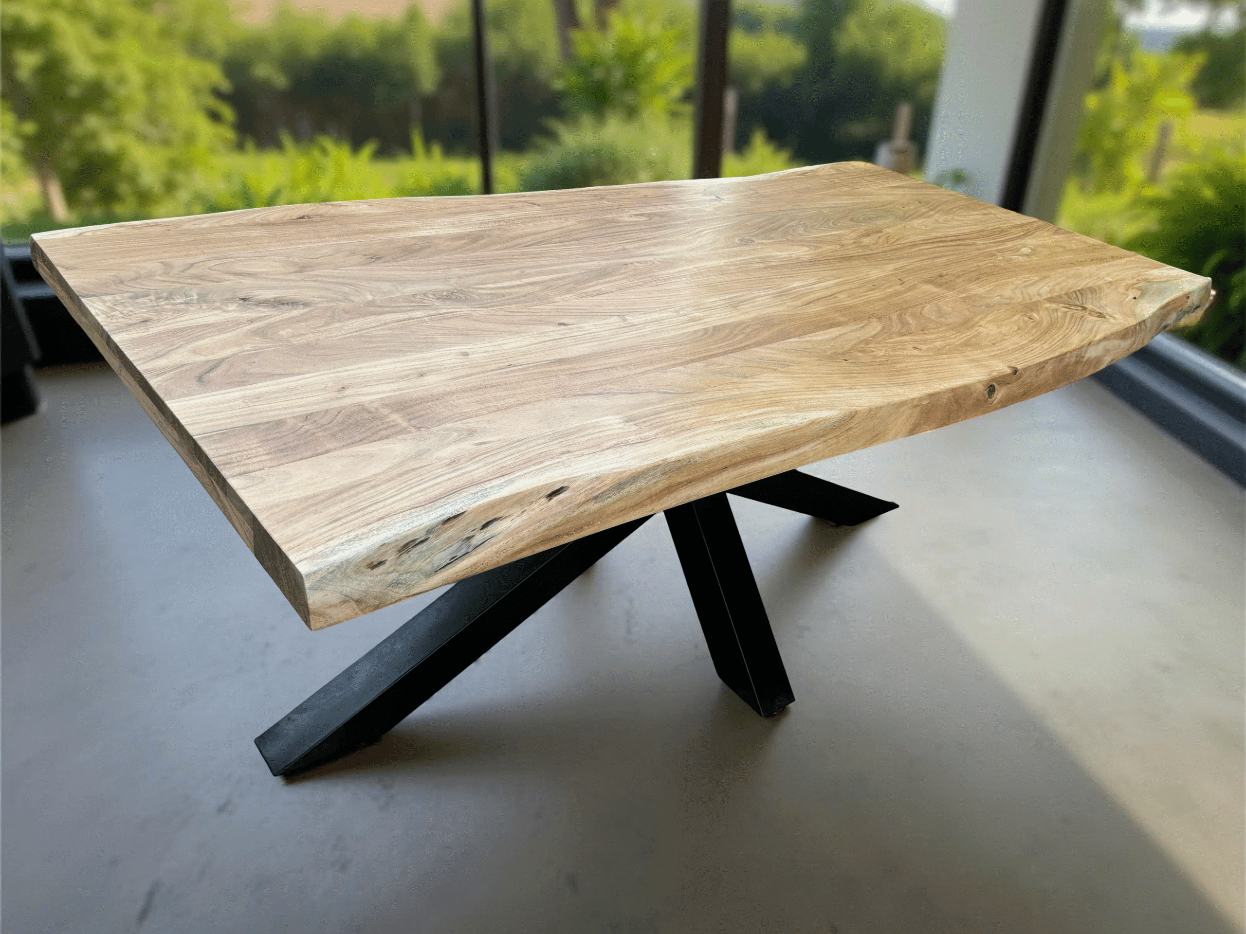 Table salle à manger bois Acacia pied mikado - 200 cm à 320 cm - SEINE l’épaisseur 6 cm (3+3)