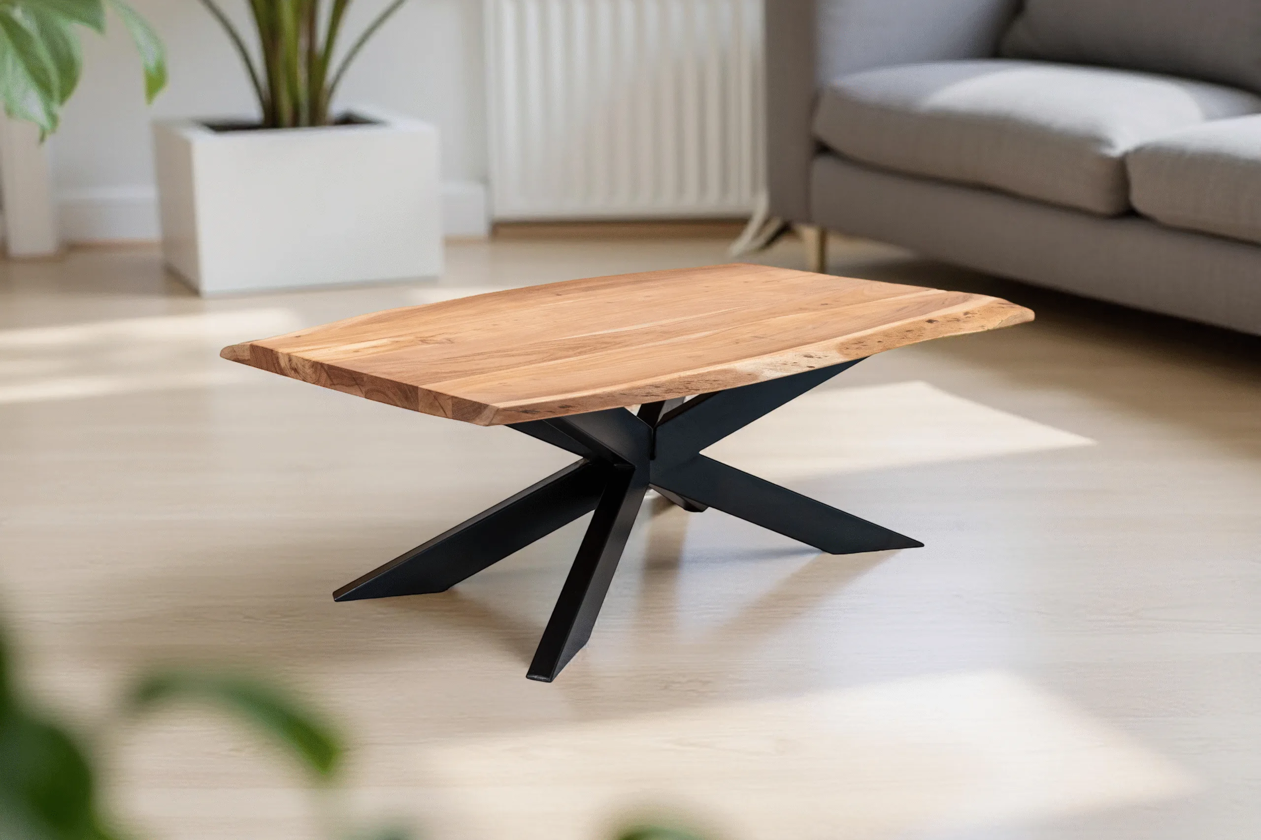 Table basse rectangulaire en acacia naturel clair à bords vifs 120x70 cm