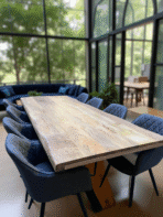 Table à manger manguier irregulier pieds centrale metal 200 cm 220 cm 240 cm