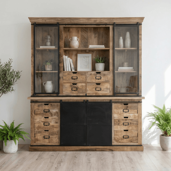 Vaisselier manguier 10 tiroirs Indus 180 cm métal noir – Dwelling Interiors