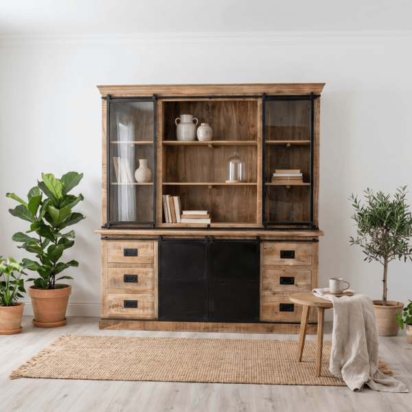 Vaisselier manguier portes vitrées Shiva 200 cm métal noir – Dwelling Interiors