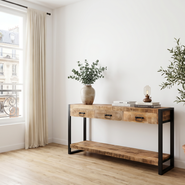 Console en manguier massif avec 3 tiroirs et métal noir – 120 cm et 150 cm – Modèle Toulouse | Dwelling Interiors | arrivage 10 septembre