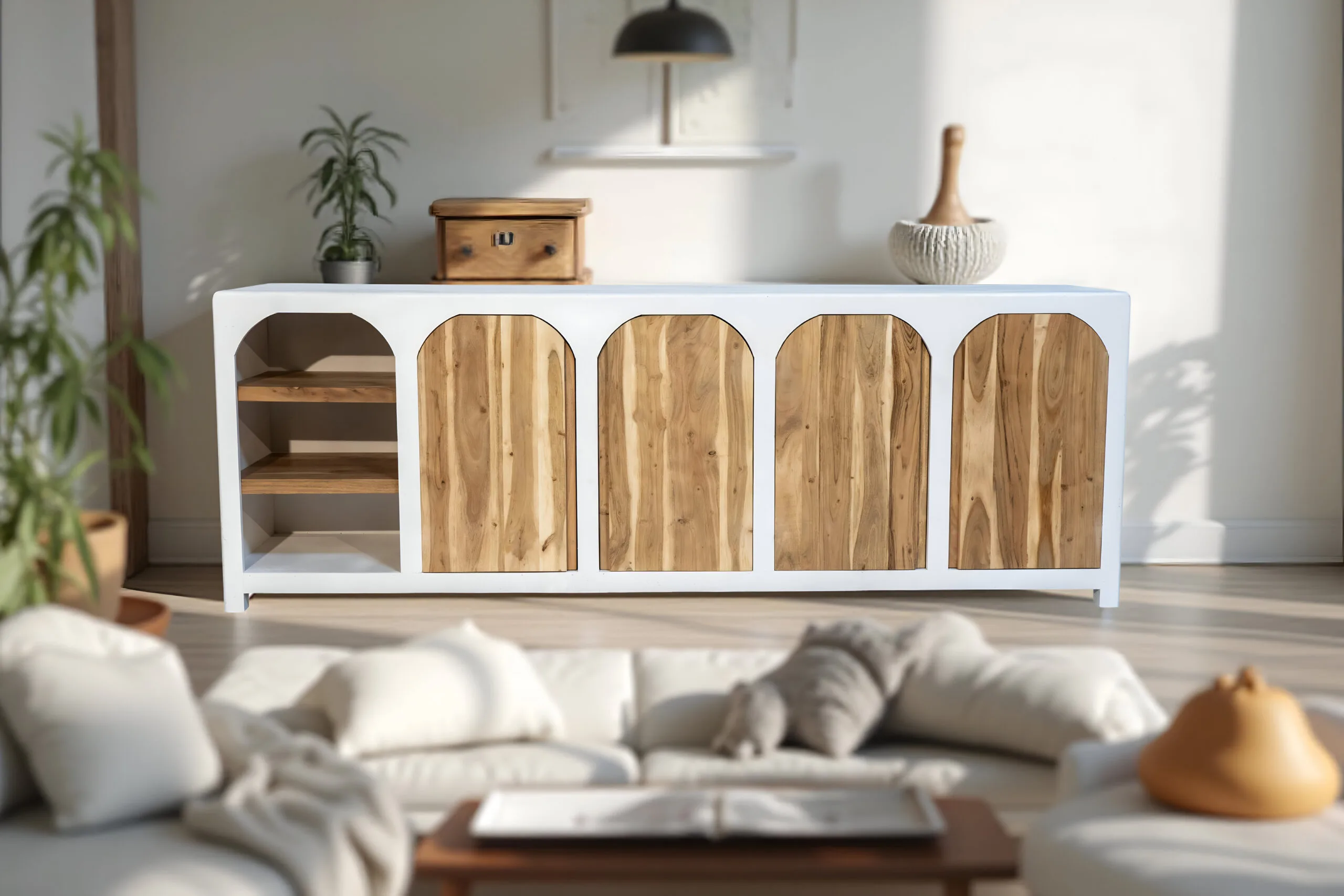 Buffet en bois d’acacia et manguier massif effet béton (pas de MDF / panneau de fibres) Rennes 225 cm