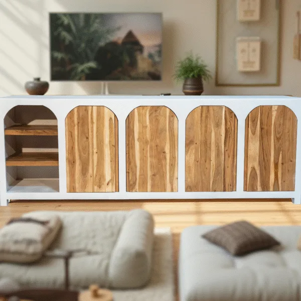 Buffet en bois d’acacia et manguier massif effet béton (pas de MDF / panneau de fibres) Rennes 225 cm