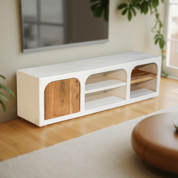 Meuble TV Blanc en Bois Massif de Manguier effet béton et bois d'acacia Rennes