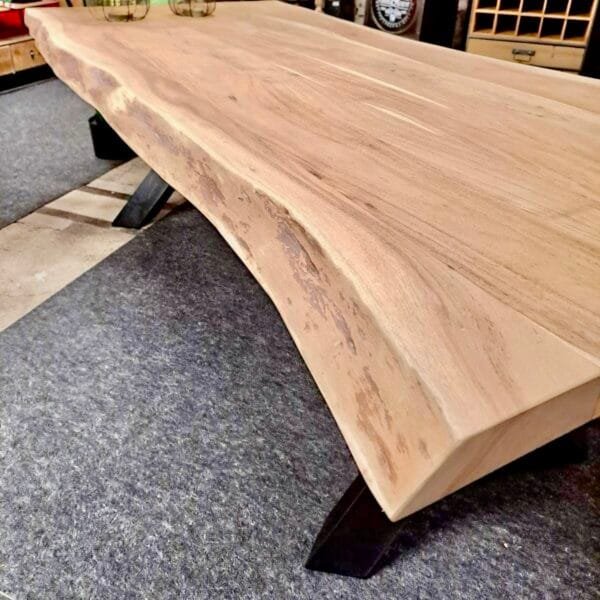 Table salle à manger bois Acacia pied CROISÉ POINTE DE DIAMANT – 220 cm et 240 cm – Tarn l’épaisseur 6 cm (3+3)