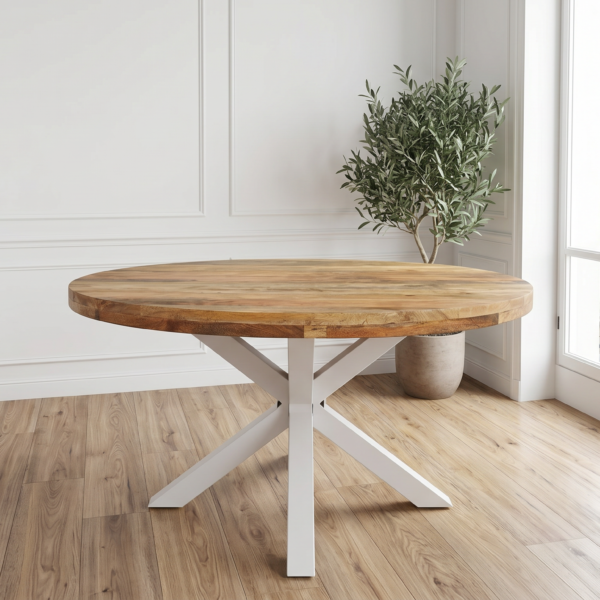 Table ronde manguier massif pied étoile blanc – 100 à 150 cm – Fabrication artisanale – Modèle Bayonne | Dwelling Interiors