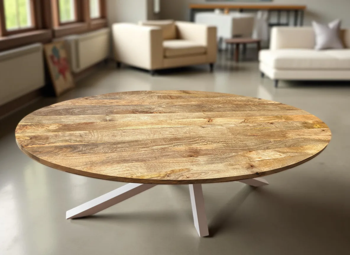 Table de salle à manger biseauté ovale en bois de manguier massif et lisse pieds noir our blanc