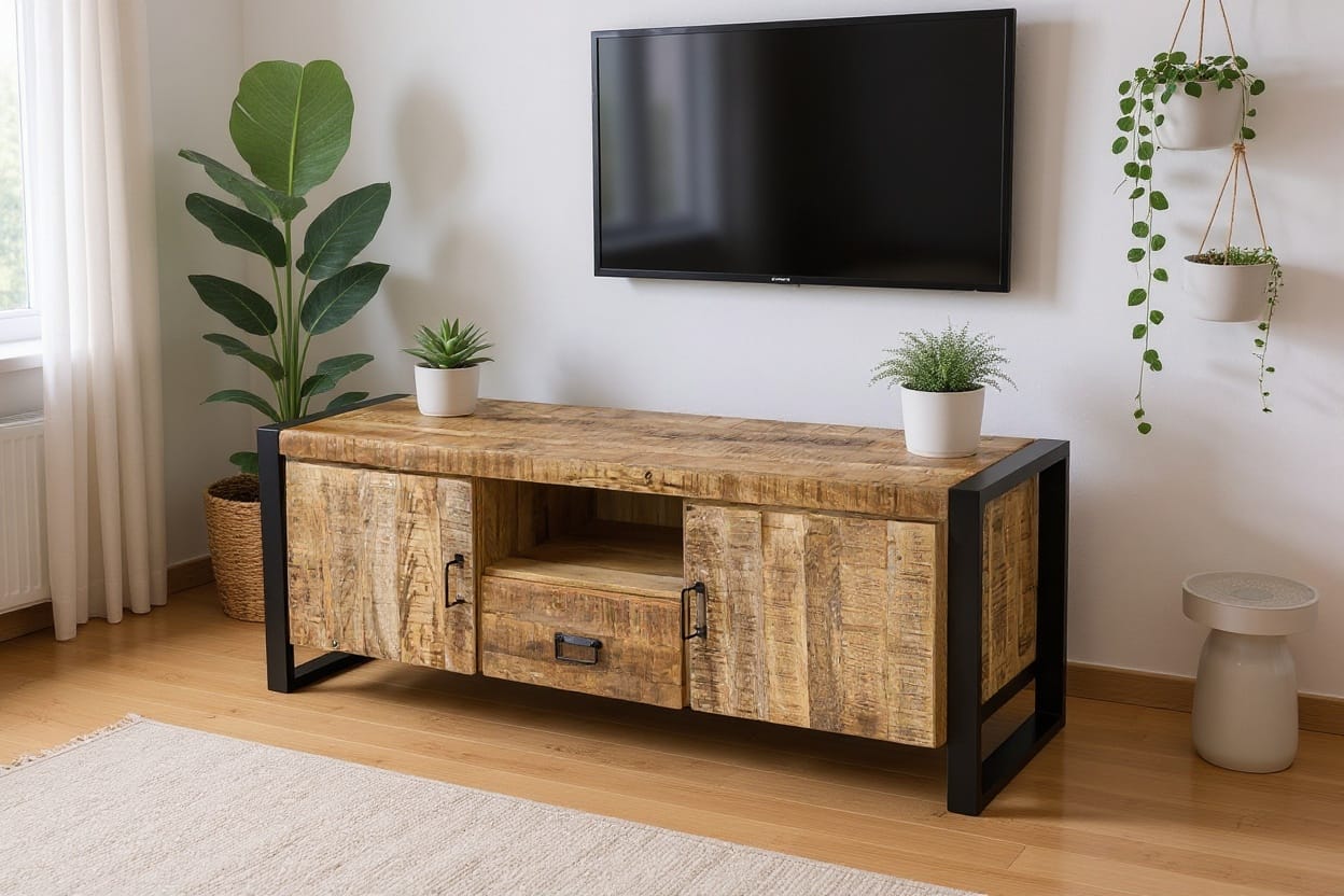 Meuble TV Industriel en Bois de Manguier Massif et Metal – 150x45x55 cm – Toulouse Meuble TV Industriel en Bois de Manguier Massif et Metal – 150x45x55 cm – Toulouse
