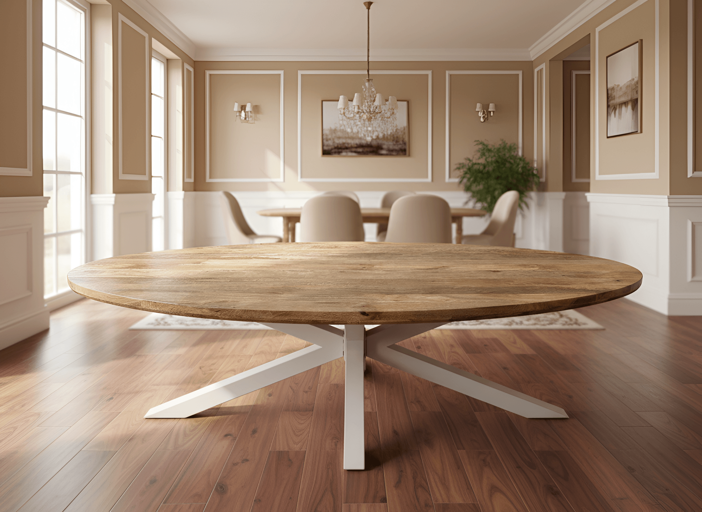 Table de salle à manger biseauté ovale en bois de manguier massif et lisse pieds noir our blanc Table de salle à manger biseauté ovale en bois de manguier massif et lisse pieds noir our blanc