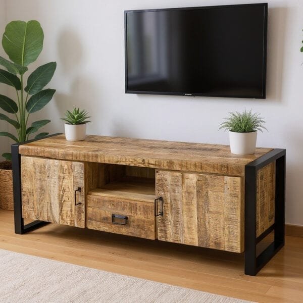Meuble TV Industriel en Bois de Manguier Massif et Metal – 150x45x55 cm – Toulouse