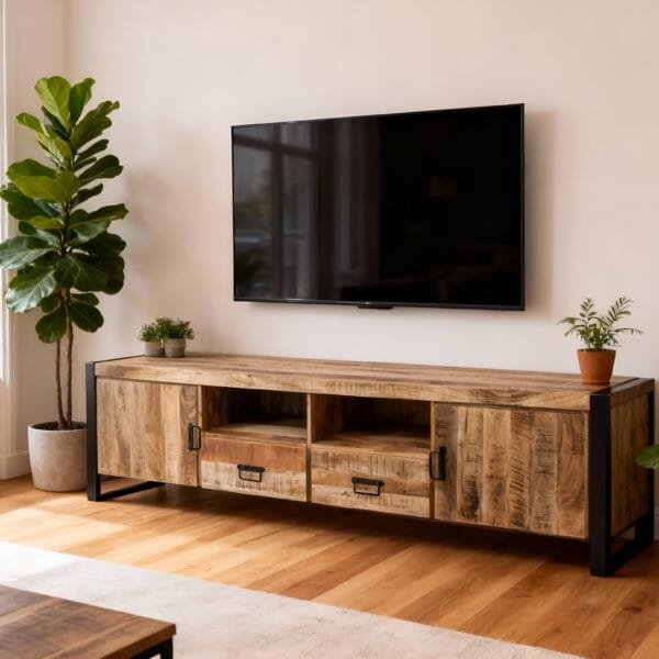 Meuble TV Industriel en Bois de Manguier Massif et Metal – 200x45x55 cm – Toulouse FRENCH DAYS