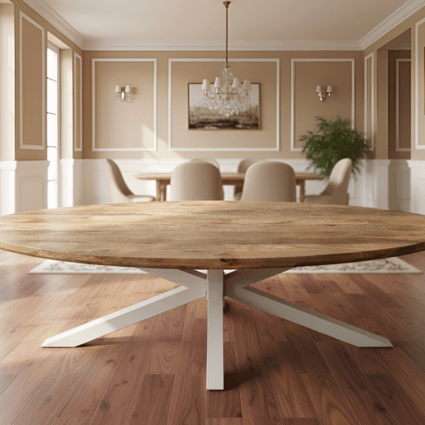 Table de salle à manger biseauté ovale en bois de manguier massif et lisse pieds noir our blanc