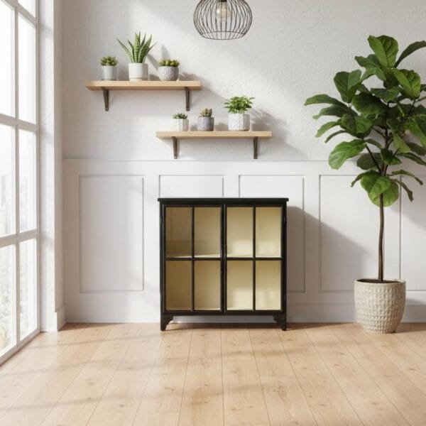 Buffet vitrine industriel Mulhouse – Métal noir & intérieur crème – 100 cm