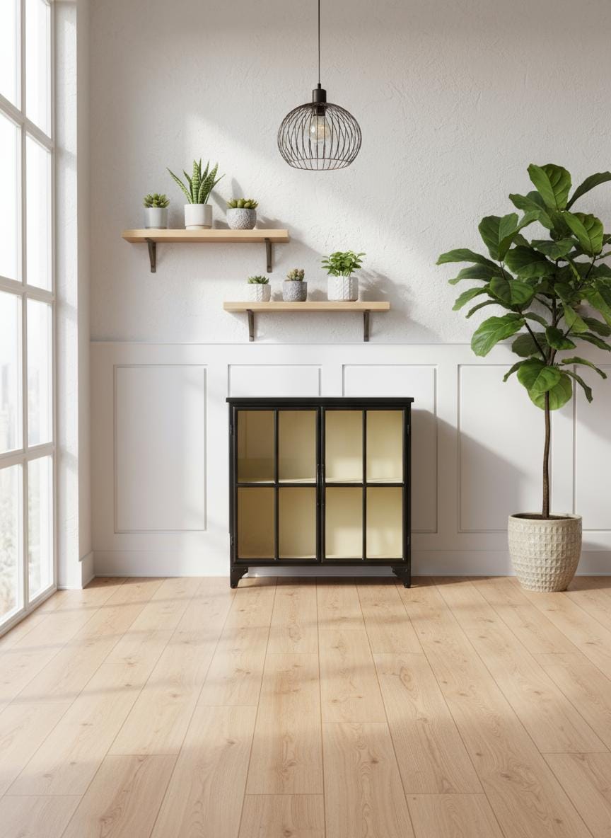 Buffet vitrine industriel Mulhouse – Métal noir & intérieur crème – 100 cm Buffet vitrine industriel Mulhouse – Métal noir & intérieur crème – 100 cm