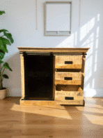 Buffet industriel Bordeaux en bois de manguier massif et métal – Porte coulissante