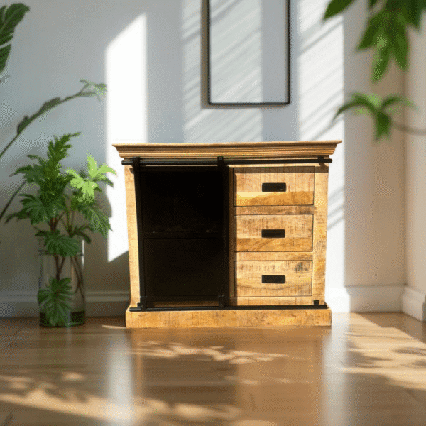 Buffet industriel Bordeaux en bois de manguier massif et métal – Porte coulissante