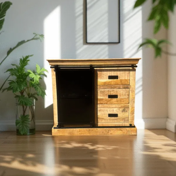 Buffet industriel Bordeaux en bois de manguier massif et métal – Porte coulissante