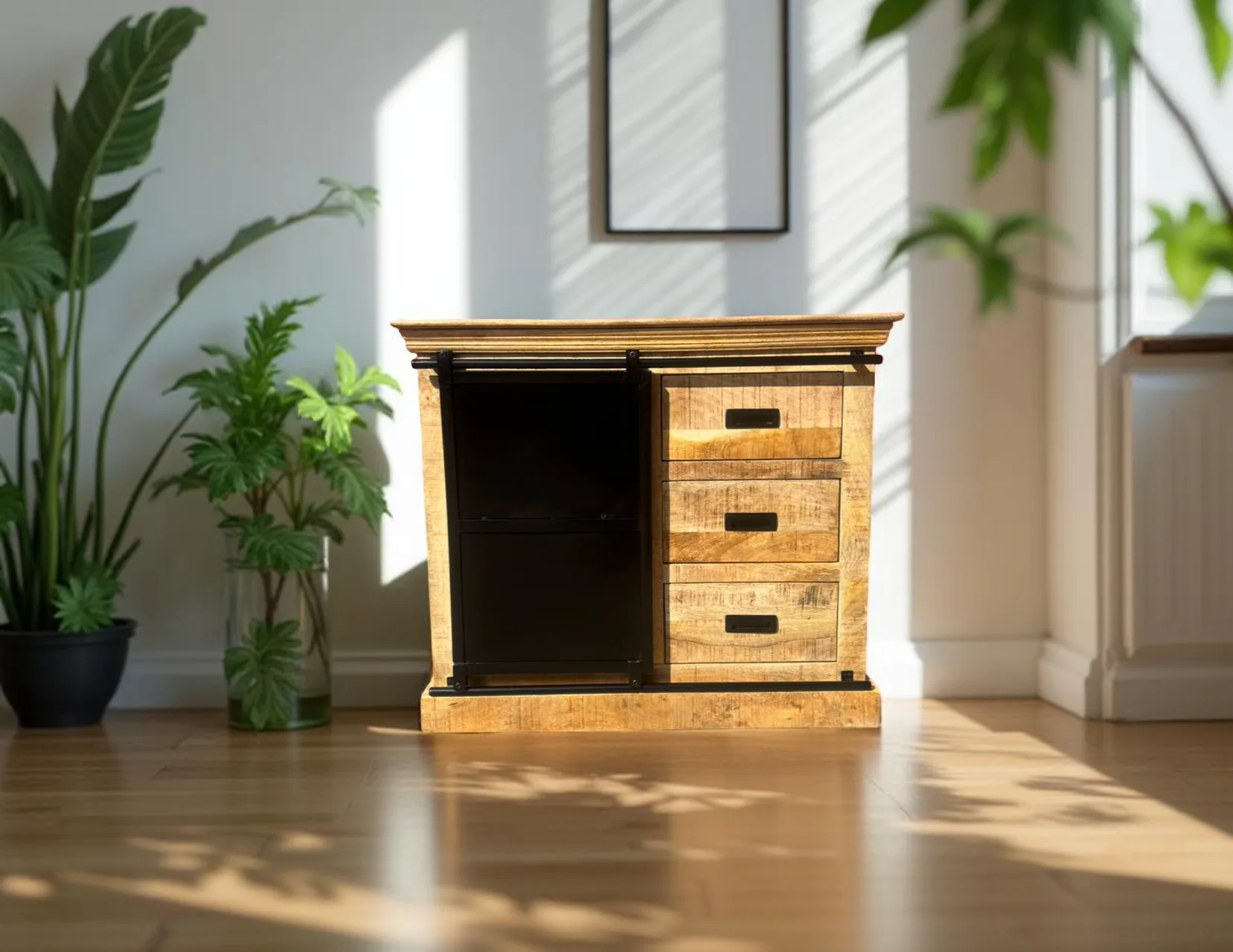 Buffet industriel Bordeaux en bois de manguier massif et métal – Porte coulissante