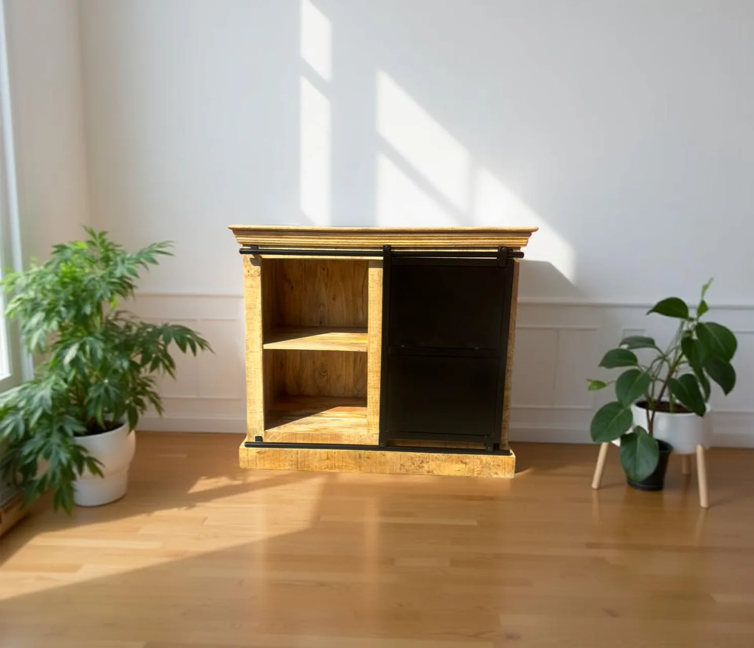 Buffet industriel Bordeaux en bois de manguier massif et métal – Porte coulissante