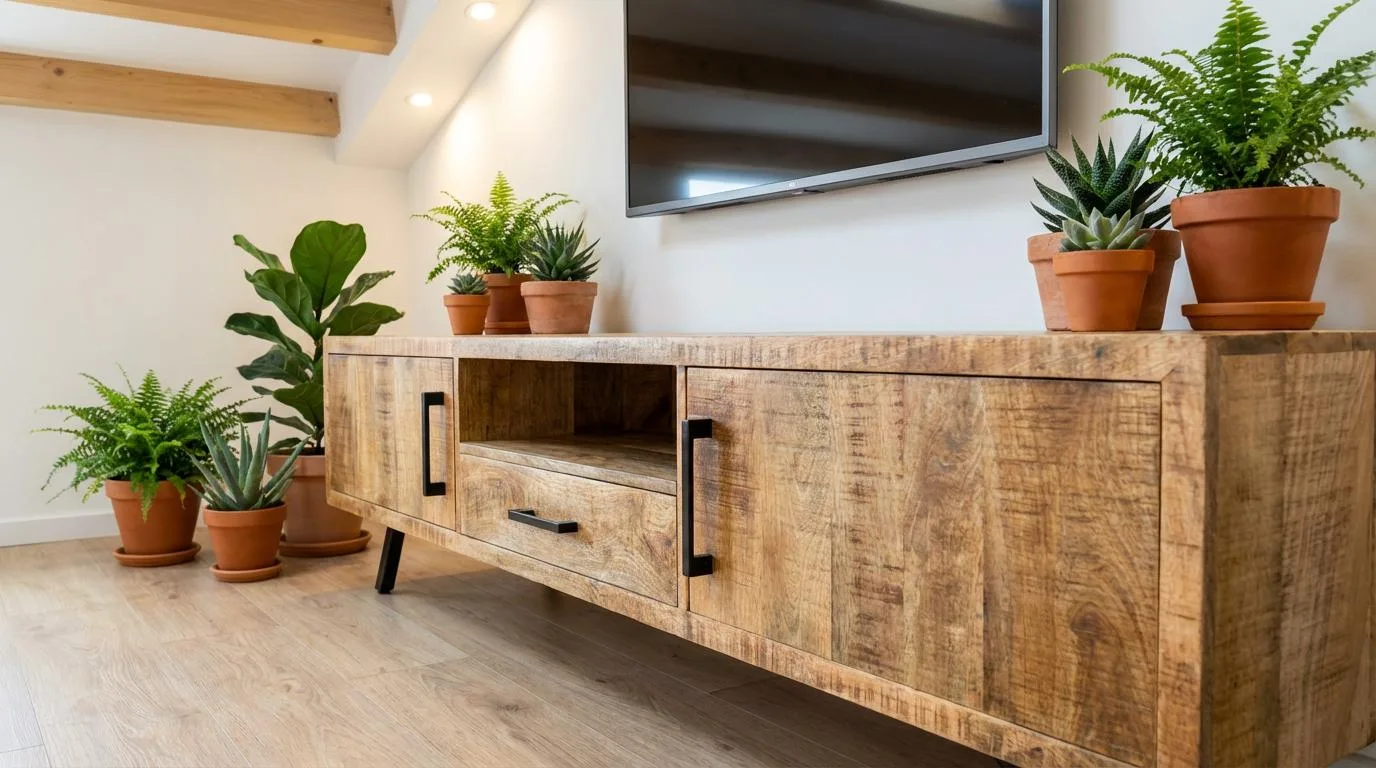 Meuble TV Industriel en Bois de Manguier Massif et Metal – 150 cm et 180 cm – Amiens