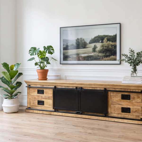 Meuble TV industriel bois massif & métal avec portes coulissantes – Bordeaux – 180 / 200 cm – Dwelling Interiors