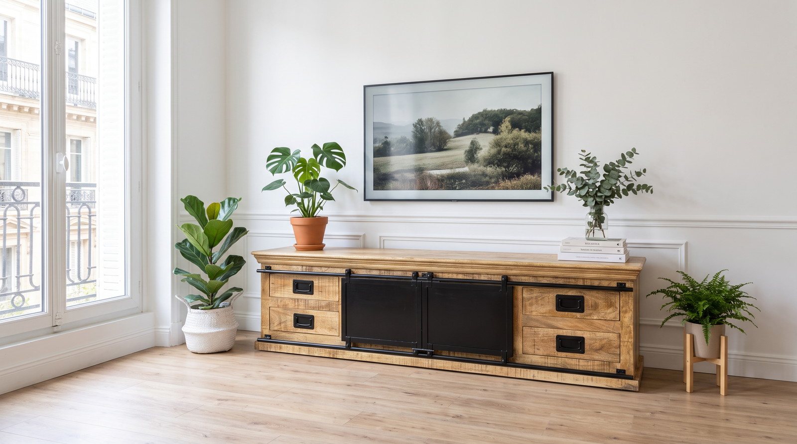 Meuble TV industriel bois massif metal avec portes coulissantes Bordeaux 180 200 cm Dwelling Interiors 4