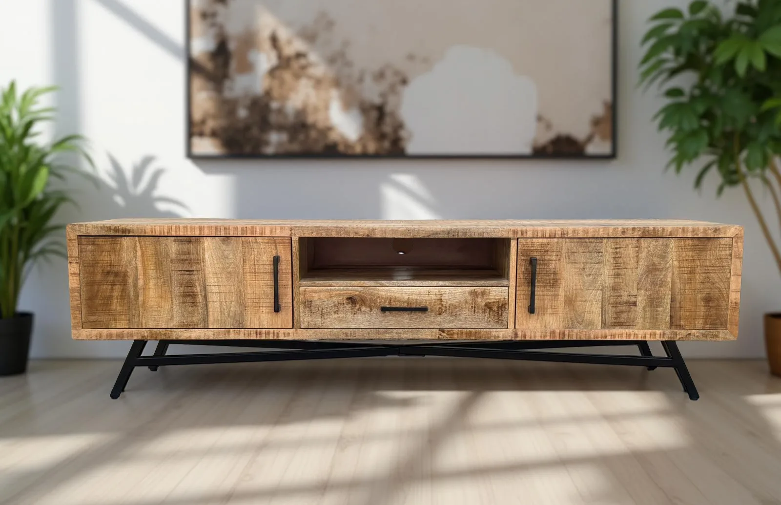 Meuble TV Industriel en Bois de Manguier Massif et Metal – 150 cm et 180 cm – Amiens