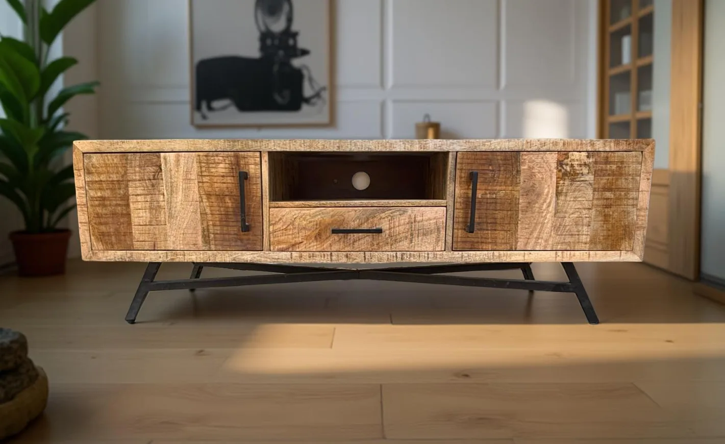 Meuble TV Industriel en Bois de Manguier Massif et Metal – 150 cm et 180 cm – Amiens