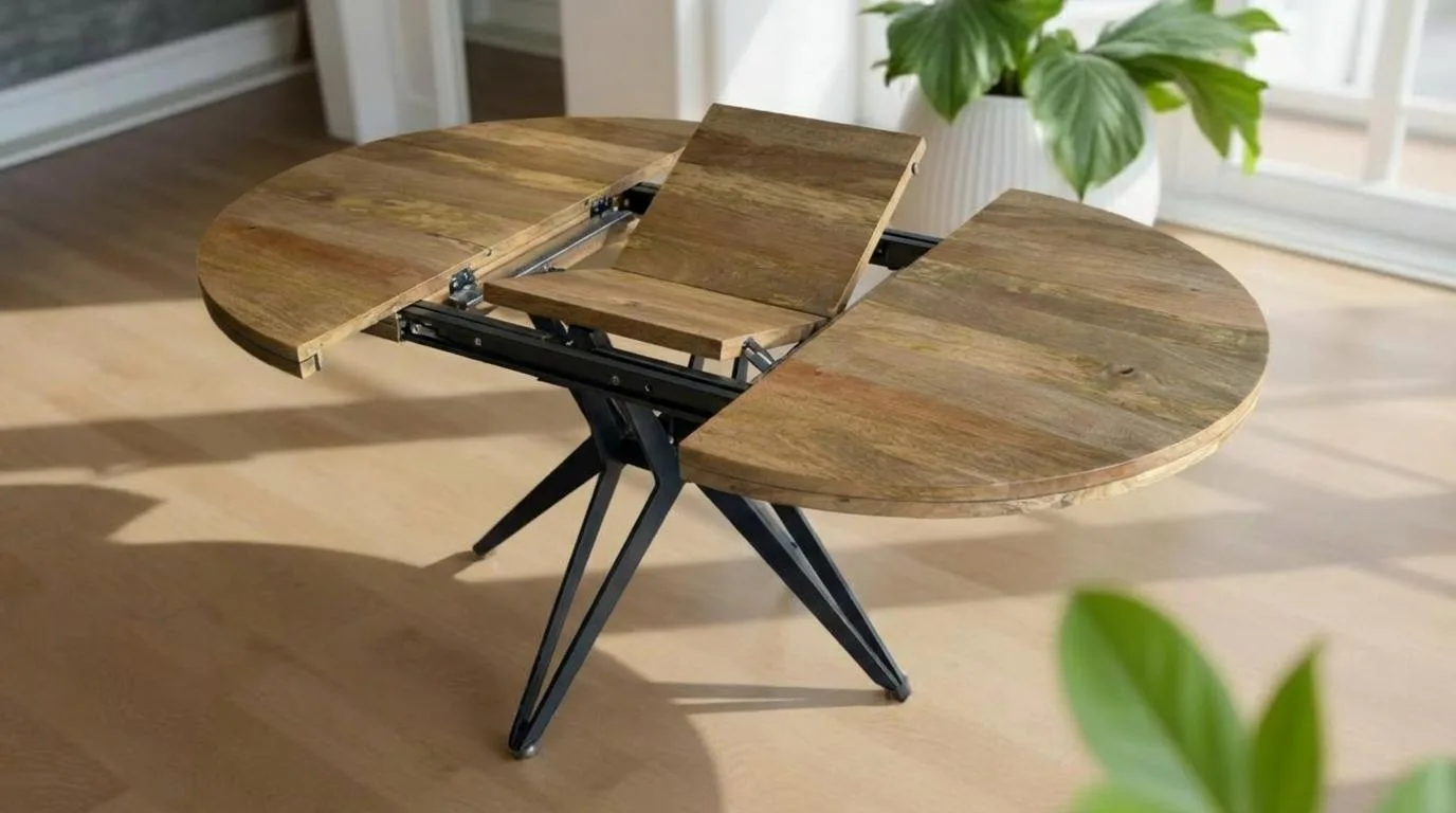 Table à Manger Ronde Extensible en Manguier Massif et Métal — Lyon - 120 cm et 130 cm - 40 cm rallonges