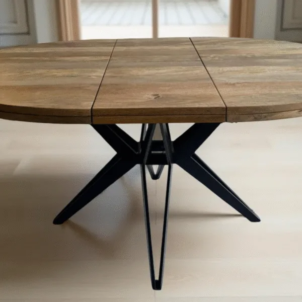 Table à Manger Ronde Extensible en Manguier Massif et Métal — Lyon - 120 cm et 130 cm - 40 cm rallonges