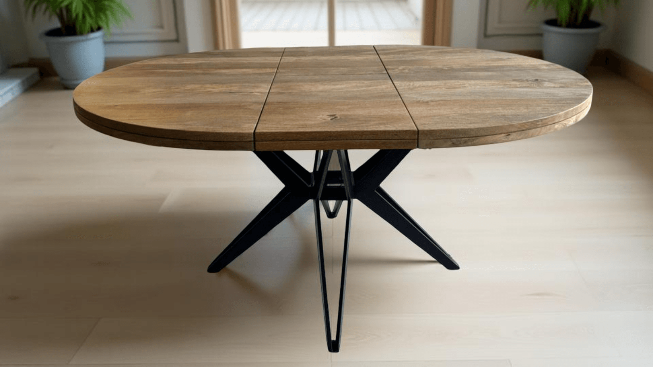 Table à Manger Ronde Extensible en Manguier Massif et Métal — Lyon - 120 cm et 130 cm - 40 cm rallonges Table à Manger Ronde Extensible en Manguier Massif et Métal — Lyon - 120 cm et 130 cm - 40 cm rallonges