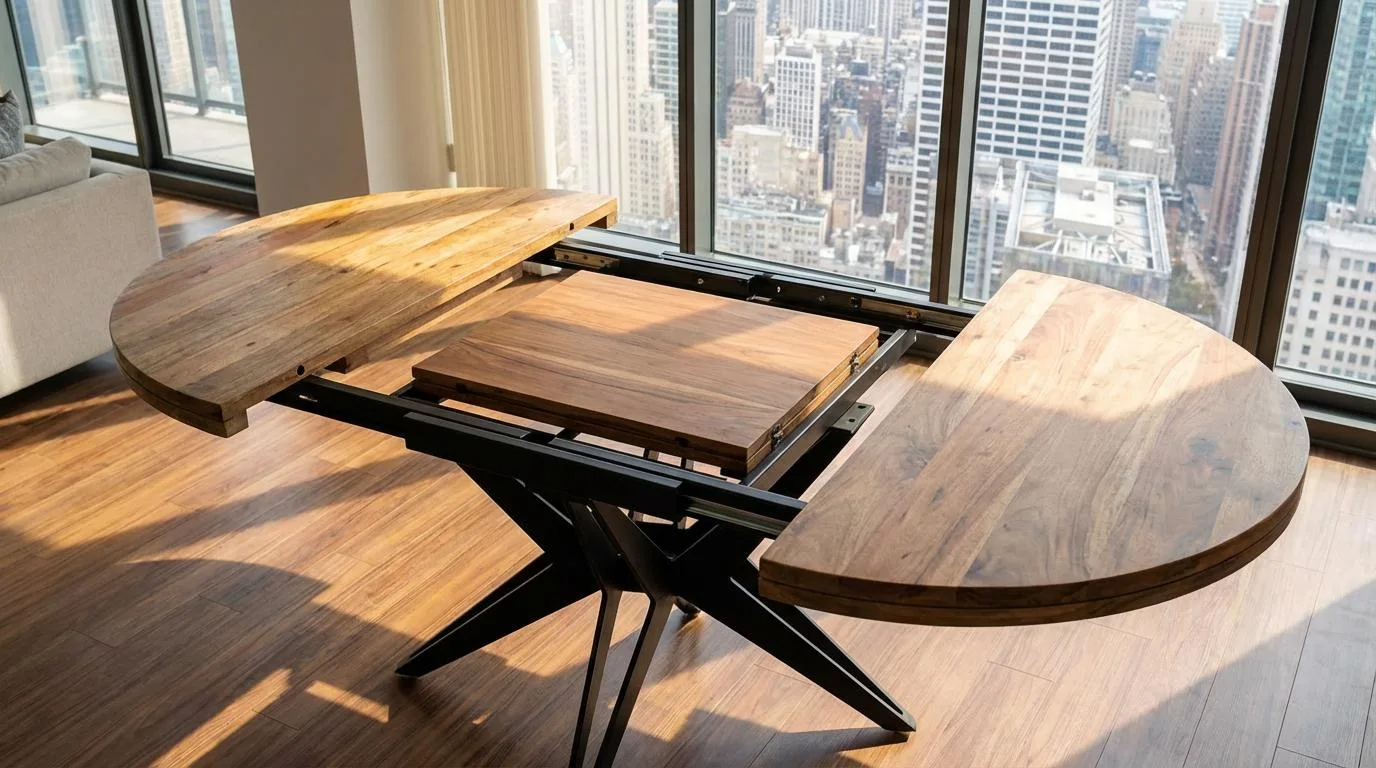 Table à Manger Ronde Extensible en Manguier Massif et Métal — Lyon - 120 cm et 130 cm - 40 cm rallonges