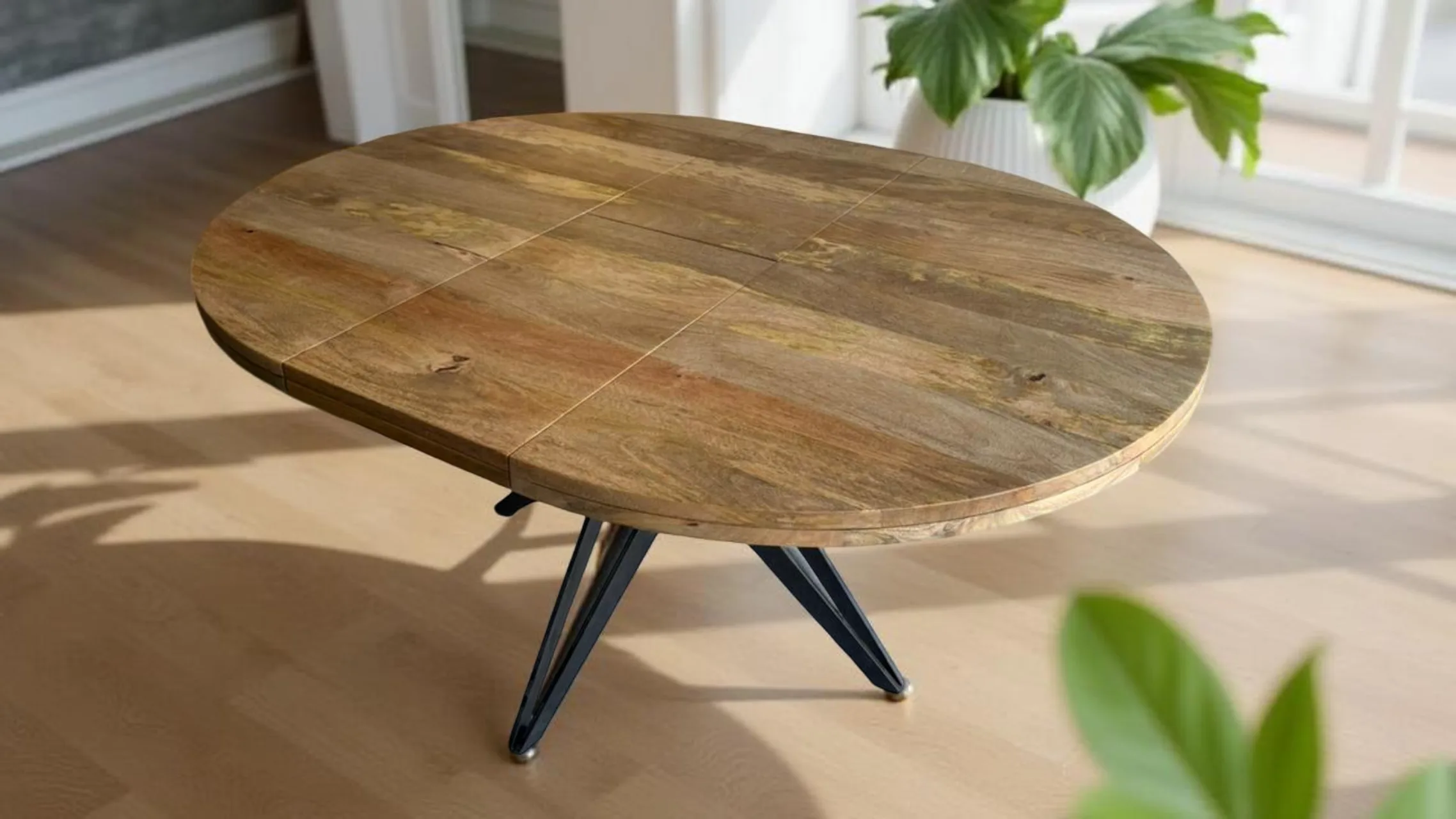 Table à Manger Ronde Extensible en Manguier Massif et Métal — Lyon - 120 cm et 130 cm - 40 cm rallonges