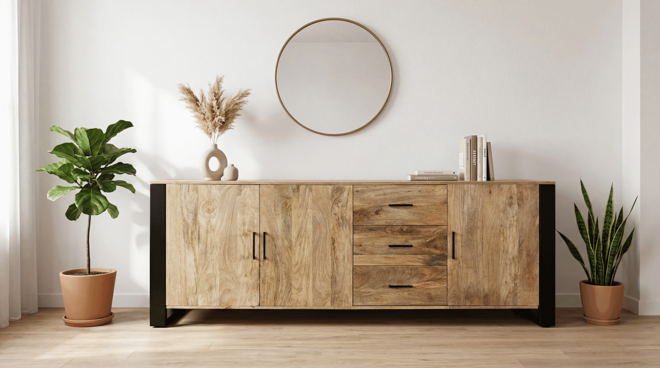 Buffet industriel 220 cm en manguier massif – 3 tiroirs & 3 portes – Pieds métal noir – Style Atelier – Fabrication artisanale – Modèle Toulouse | Dwelling Interiors_interior_with-3 (4)