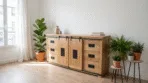 Add a french-style interior with the highboard with its back against the wall. place the furniture in a cozy European apartment with white walls, and laminate flooring. Add decorative plants around the furniture. Create a bright, minimalist french atmosphere with white walls and natural wood elements. Keep the original highboard furniture as the main focus while integrating it naturally into this European living space. The dimensions of the furniture are 200 cm large, 45 cm deep and 90 cm in height. Create several images from different angles. Make one product per picture, do not make collage in the picture.