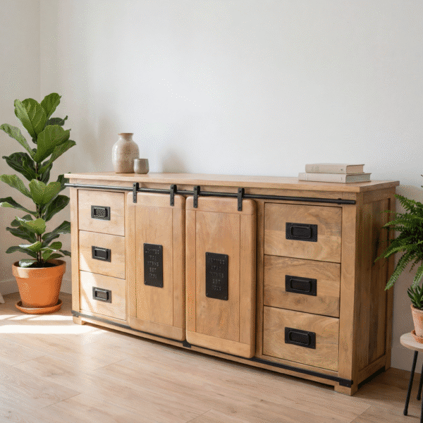 Add a french-style interior with the highboard with its back against the wall. place the furniture in a cozy European apartment with white walls, and laminate flooring. Add decorative plants around the furniture. Create a bright, minimalist french atmosphere with white walls and natural wood elements. Keep the original highboard furniture as the main focus while integrating it naturally into this European living space. The dimensions of the furniture are 200 cm large, 45 cm deep and 90 cm in height. Create several images from different angles. Make one product per picture, do not make collage in the picture.