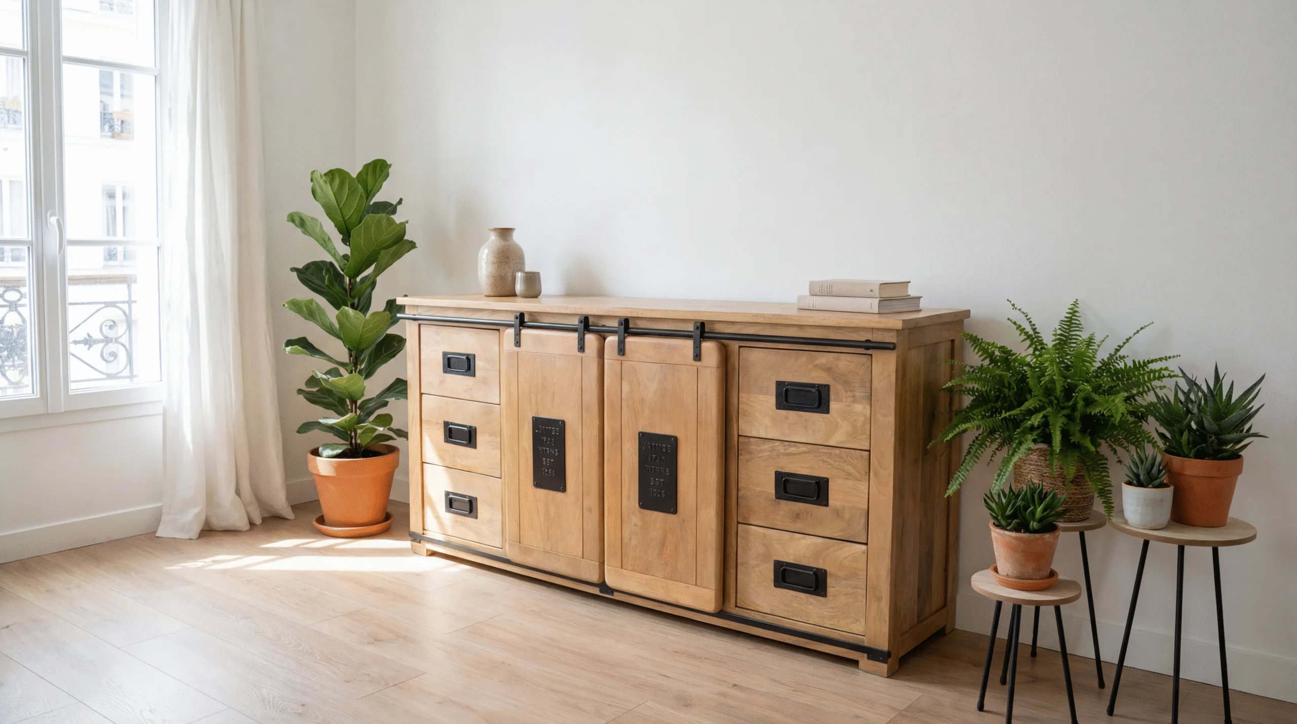 Add a french-style interior with the highboard with its back against the wall. place the furniture in a cozy European apartment with white walls, and laminate flooring. Add decorative plants around the furniture. Create a bright, minimalist french atmosphere with white walls and natural wood elements. Keep the original highboard furniture as the main focus while integrating it naturally into this European living space. The dimensions of the furniture are 200 cm large, 45 cm deep and 90 cm in height. Create several images from different angles. Make one product per picture, do not make collage in the picture.