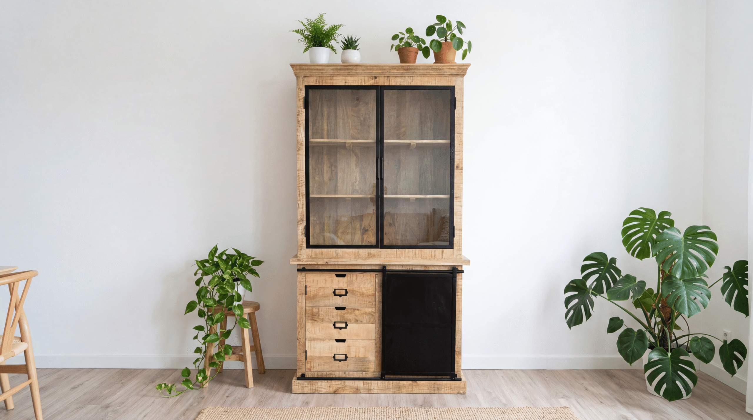 Vaisselier industriel 120 cm en manguier massif – Modèle Dijon | Dwelling Interiors _interior_with-3 (2)