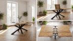 Table à manger extensible en bois d'acacia massif 180 cm, 200 cm, 220 cm – Rallonge centrale papillon 40 cm – Pied étoile central en métal noir – Modèle Arles | Dwelling Interiors