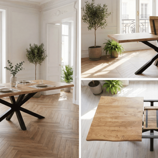 Table à manger extensible en bois d'acacia massif 180 cm, 200 cm, 220 cm – Rallonge centrale papillon 40 cm – Pied étoile central en métal noir – Modèle Arles | Dwelling Interiors