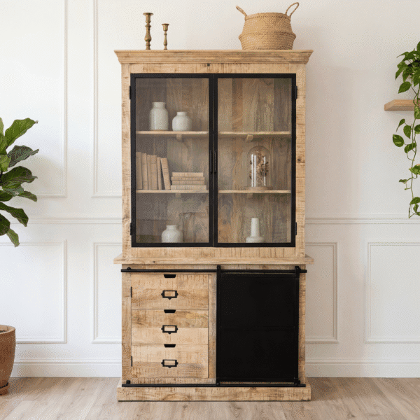 Vaisselier industriel manguier massif Dijon 120 cm métal noir Dwelling Interiors