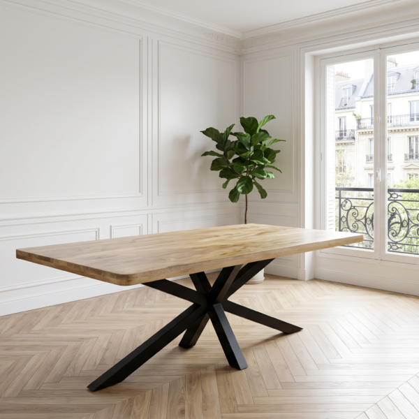 Table à manger manguier massif bords arrondis – Plateau 5 cm – Pied étoile métal noir – Modèle Var | Dwelling Interiors