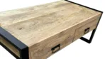 Table basse manguier tiroirs Vanoise 4 tiroirs poignées étiquettes métal noir