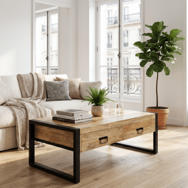 Table basse manguier tiroirs Vanoise 4 tiroirs poignées étiquettes métal noir