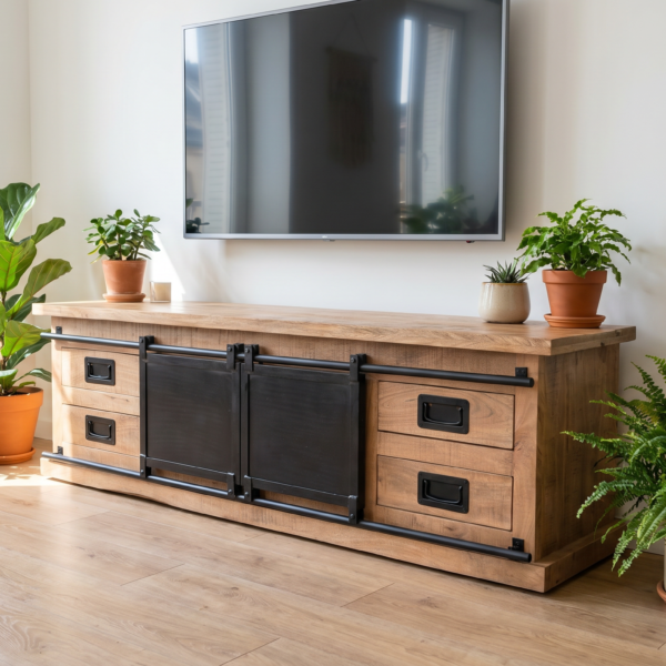 Meuble TV industriel bois massif & métal avec portes coulissantes – Quimper – 160 / 180 / 200 cm – Dwelling Interiors