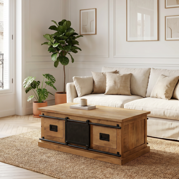 Table basse manguier industrielle Toulouse 120 cm salon contemporain Dwelling Interiors