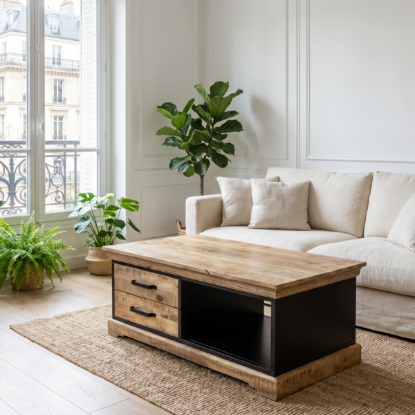 Table basse métal & manguier massif – Structure métal laqué noir – 4 tiroirs & niche – 120 cm – Modèle Metz | Dwelling Interiors