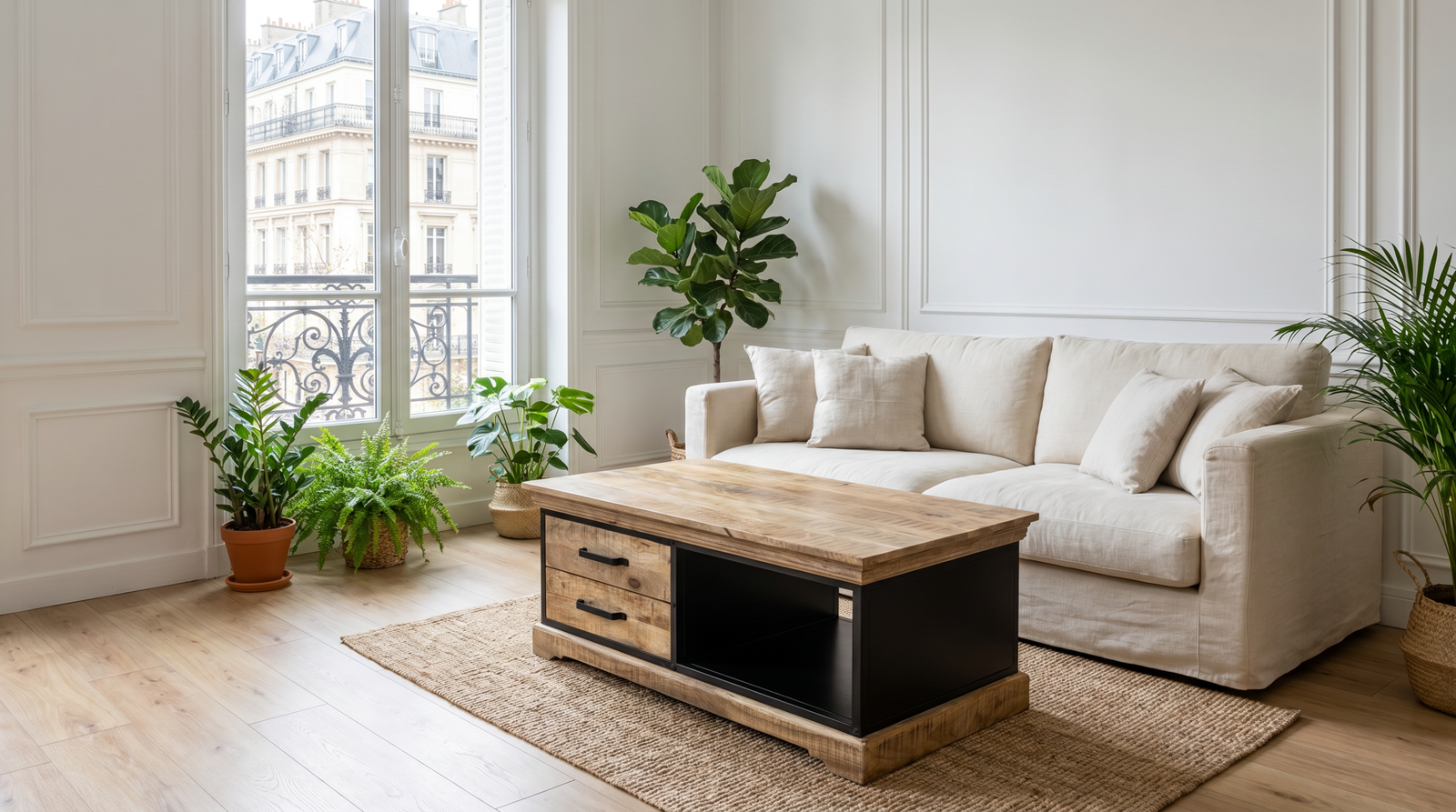 Table basse métal manguier Metz 4 tiroirs niche centrale style industriel Dwelling Interiors